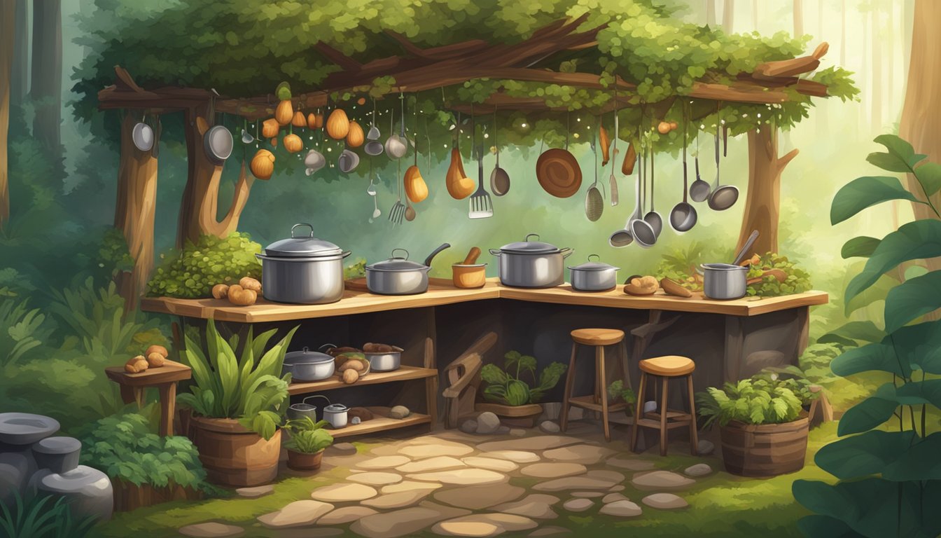 A lush forest with various edible plants and mushrooms, a bubbling stream, and a cozy outdoor kitchen with pots and pans hanging from a wooden canopy