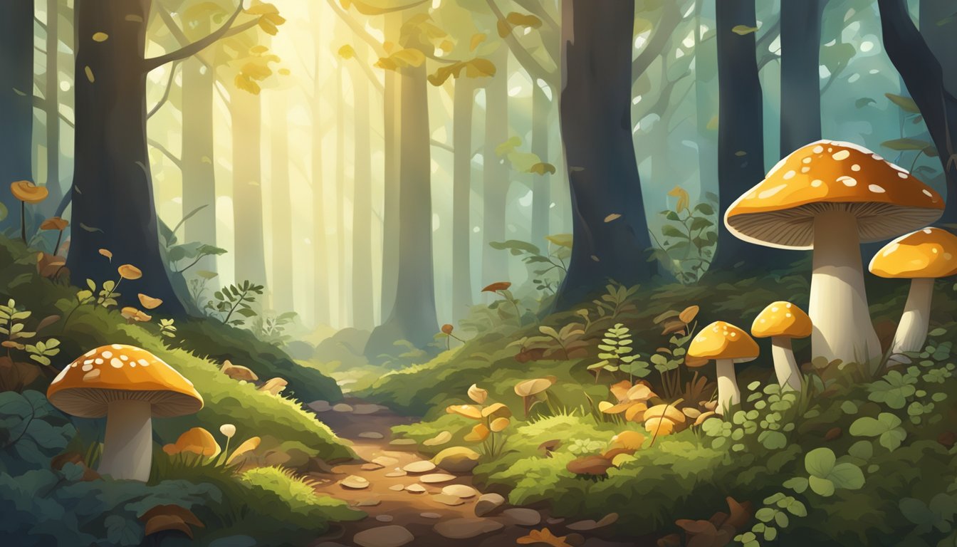 A lush forest floor with a variety of wild mushrooms, berries, and herbs scattered among fallen leaves and moss. Sunlight filters through the canopy above