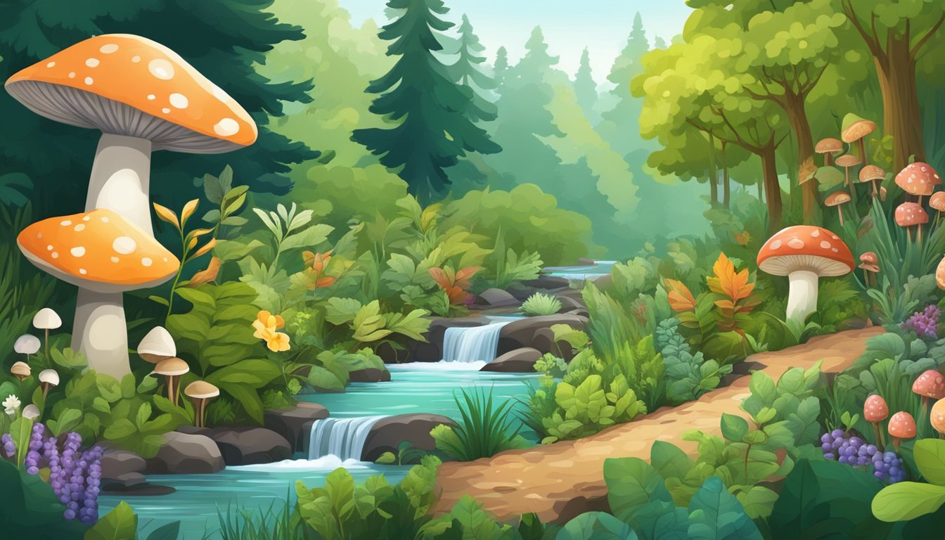 A lush forest with various plants, mushrooms, and berries. A small stream runs through the middle, with a diverse array of wildlife present