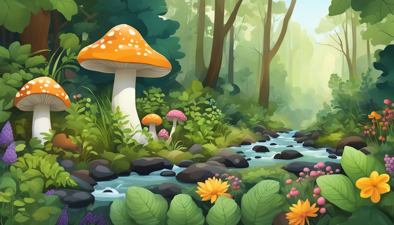 A lush forest with diverse plant life, mushrooms, and berries. A stream flows through the landscape, with a variety of wild edibles scattered throughout