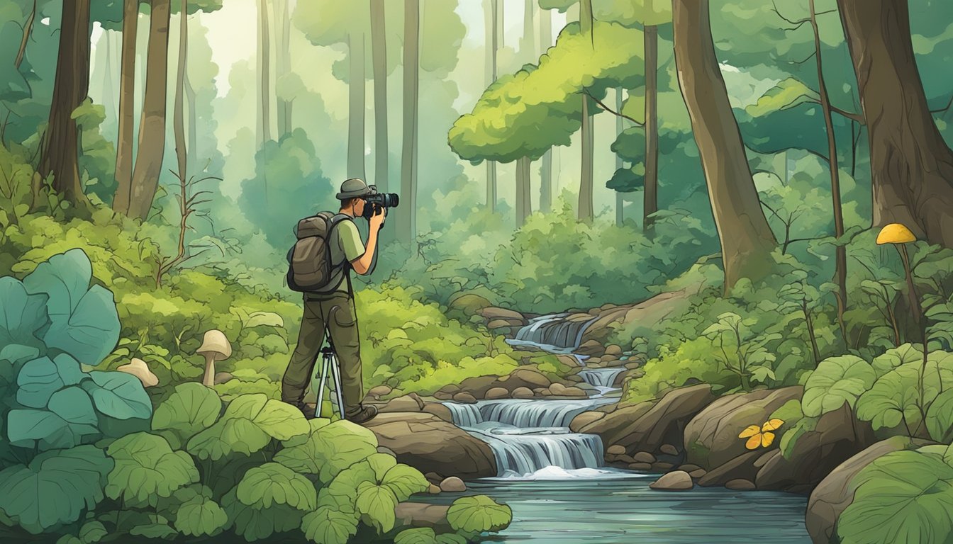 A lush forest with various wild edible plants and mushrooms, a bubbling stream, and a person filming with a camera on a tripod