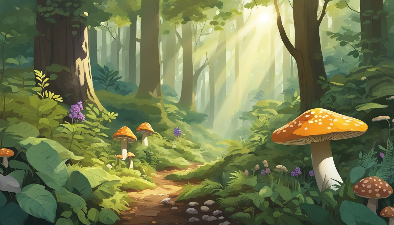 A lush forest with a variety of wild plants, berries, and mushrooms scattered across the forest floor. Sunlight filters through the dense canopy, illuminating the foraging opportunities below