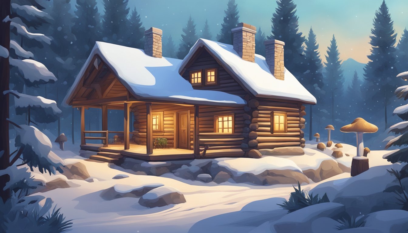 A snowy landscape with a cozy log cabin, surrounded by tall pine trees. A figure in a warm jacket and boots gathers wild plants and mushrooms