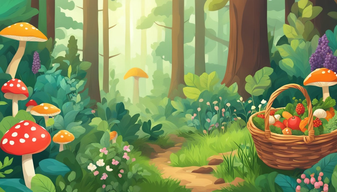 A lush forest with various edible plants, mushrooms, and berries. A person with a basket is gathering from the bountiful landscape