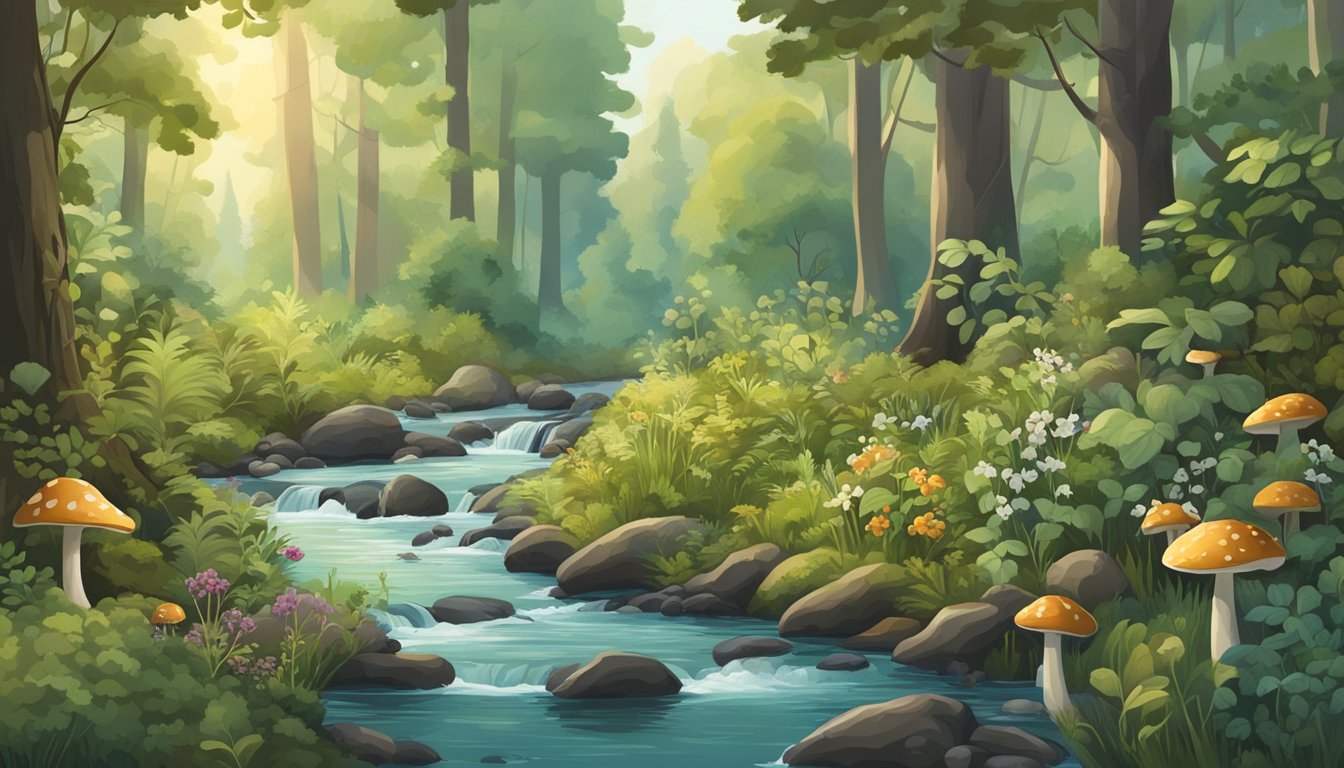 A lush forest with a variety of wild edible plants, mushrooms, and berries scattered throughout. A stream trickles in the background, and birds chirp in the trees