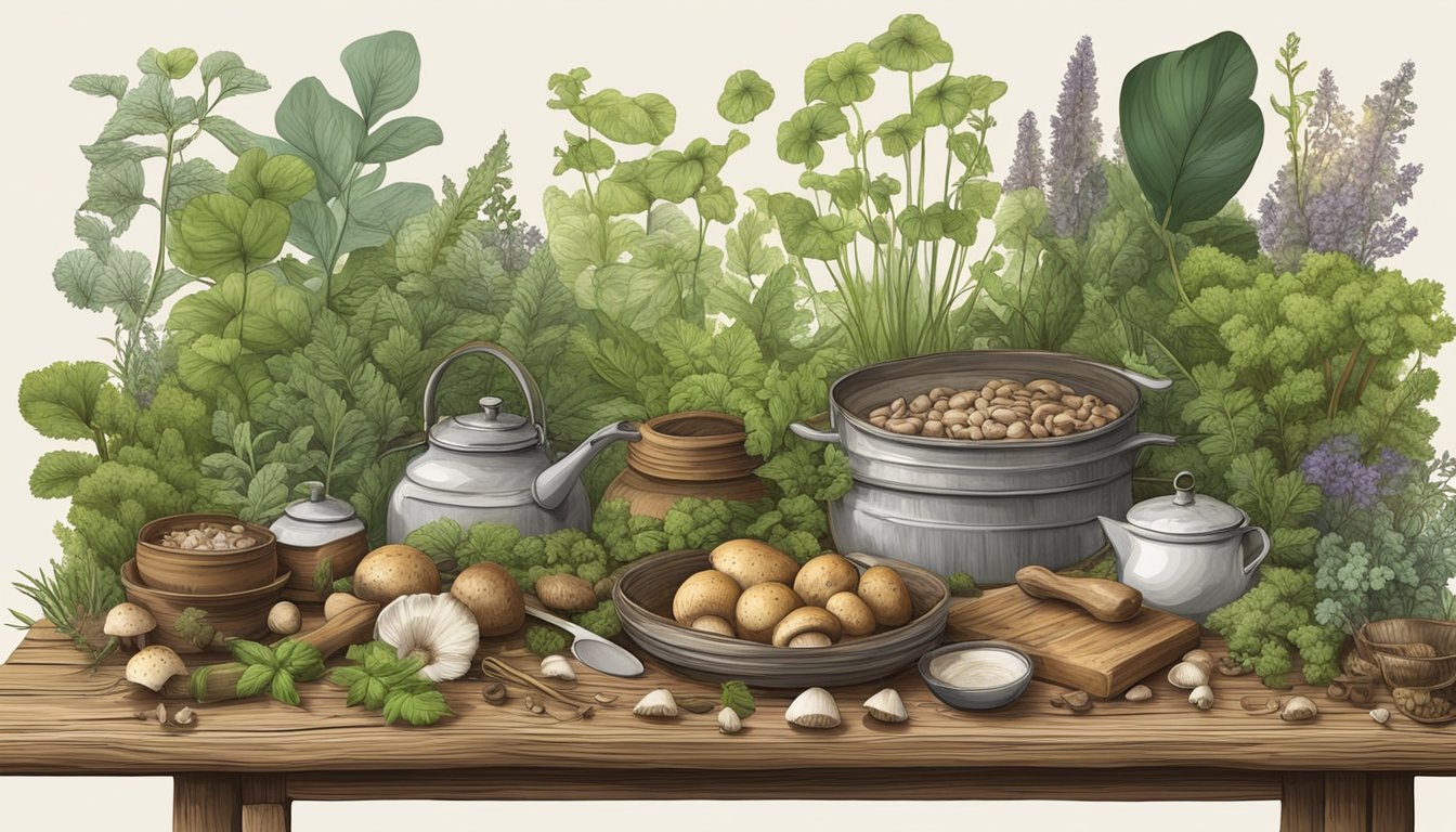 A lush forest with diverse plant life, mushrooms, and wild herbs. A wooden table with foraged ingredients and cooking utensils