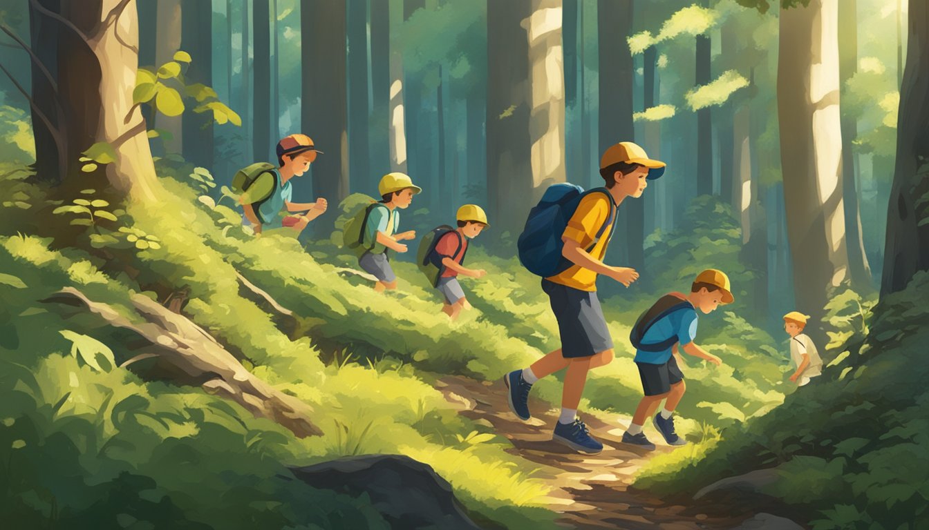 A group of boys explore a lush forest, gathering wild plants and mushrooms. The sunlight filters through the trees, casting dappled shadows on the forest floor