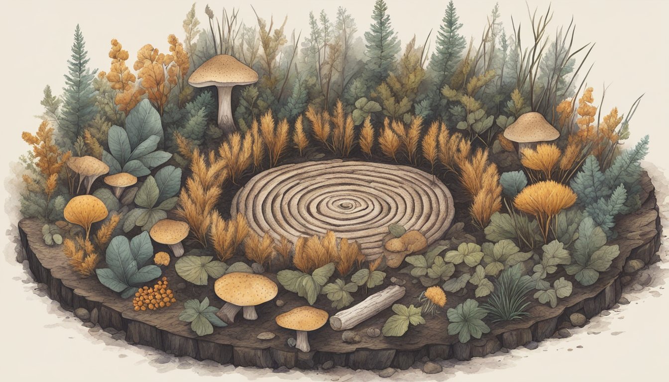 Dry wild plants arranged in a circle with fungi tinder in the center, ready to be used to start a fire