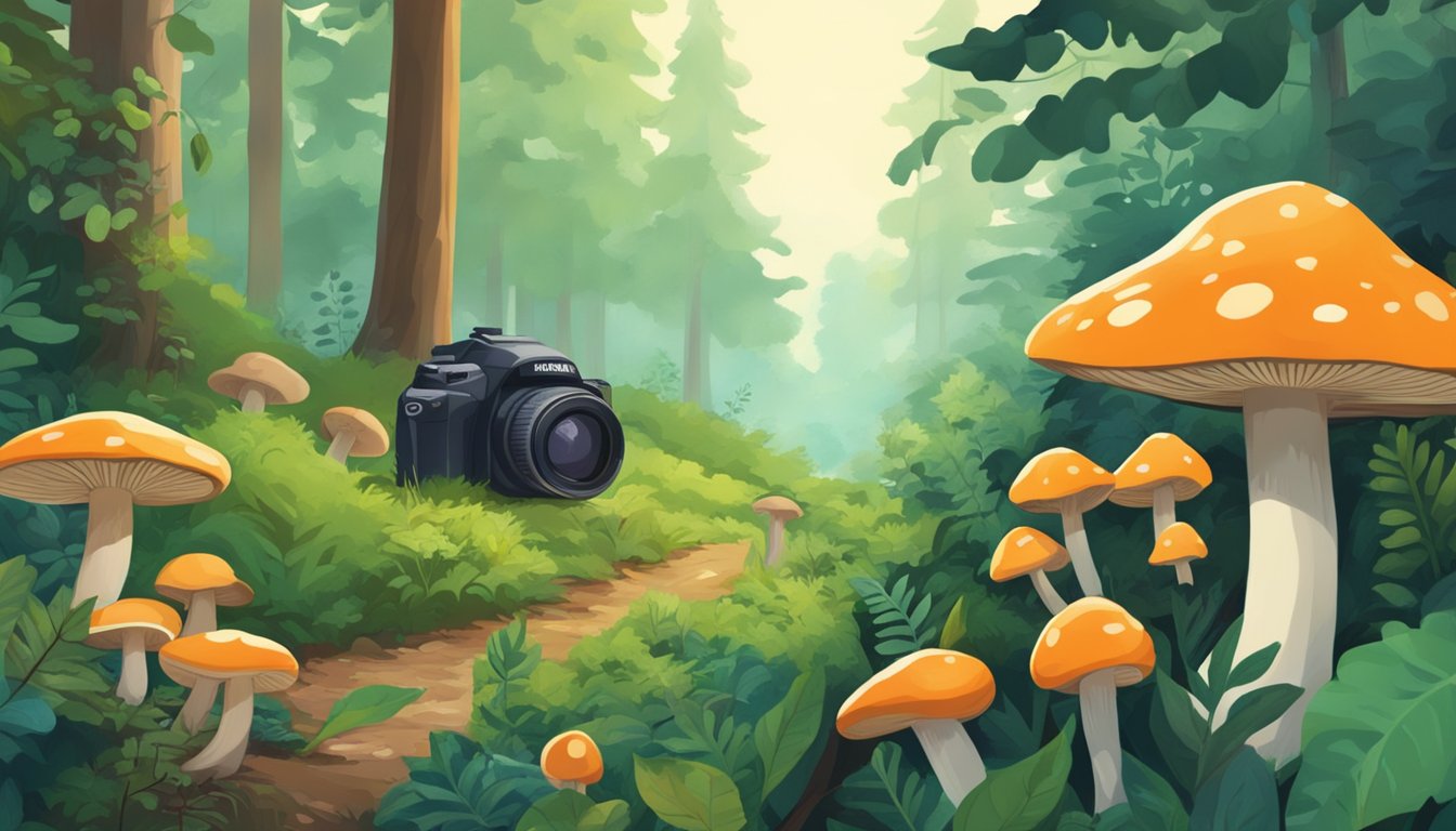 A lush forest with diverse plant life, mushrooms, and berries. A camera crew captures the beauty of foraging for food in the wild