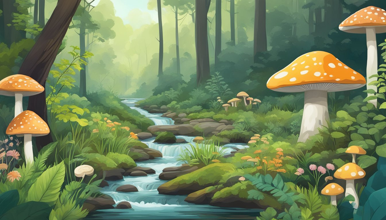 A lush forest with various wild plants and mushrooms, a flowing stream, and a person gathering edible items