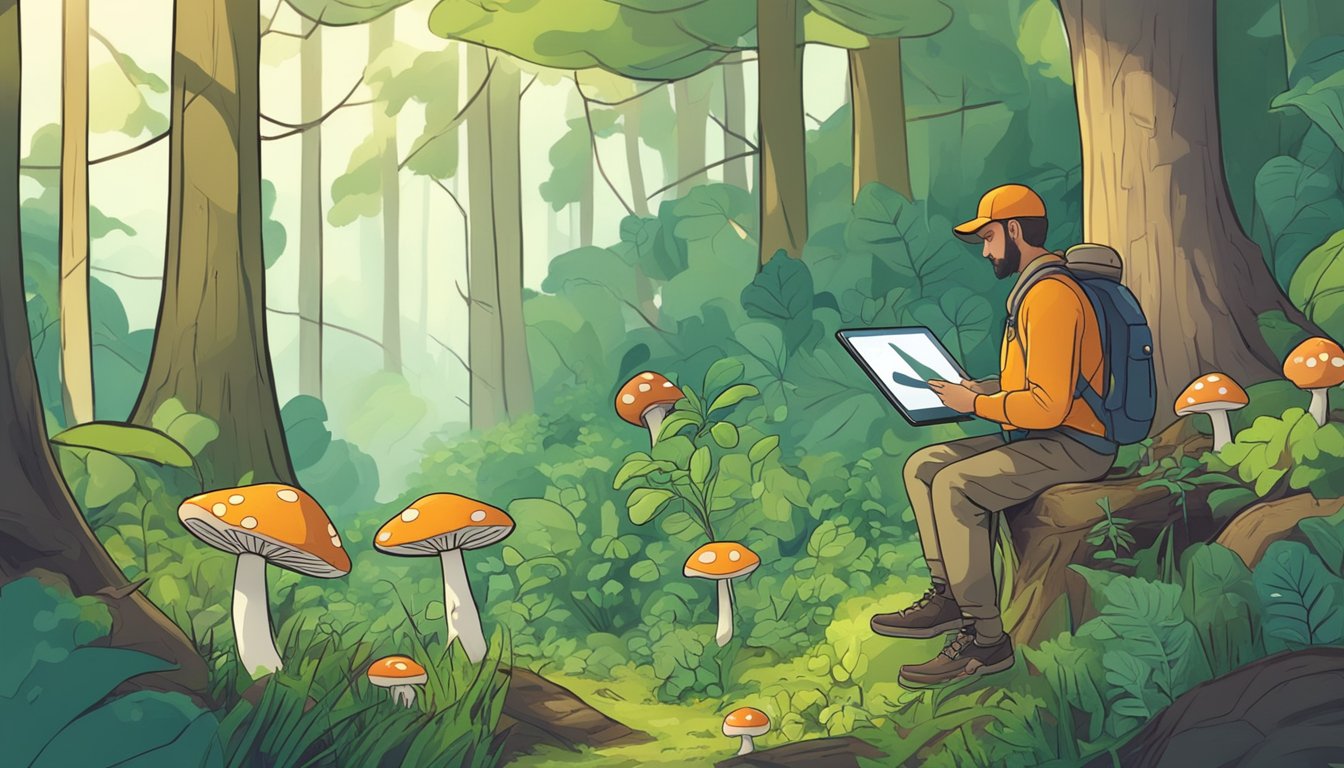 A lush forest with various plants and mushrooms, a person with a basket collecting them, while watching a tablet with 19 YouTube channels on foraging