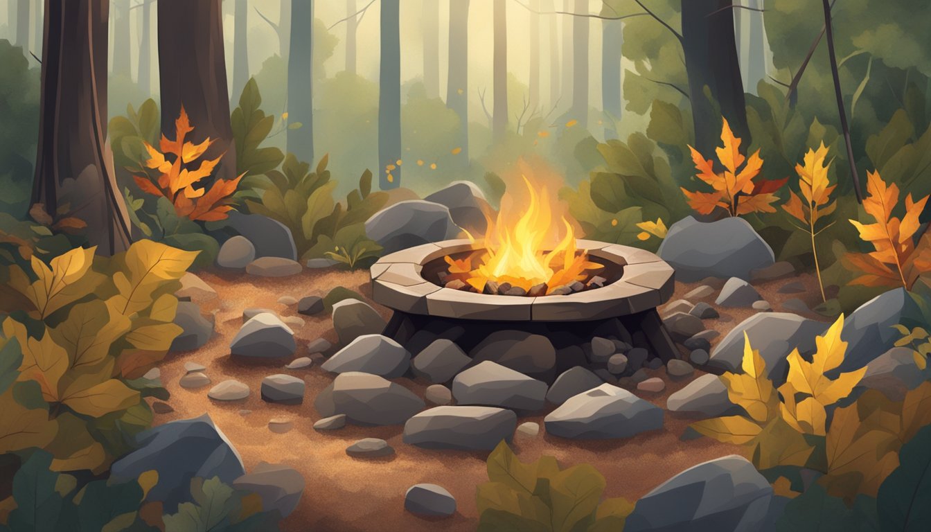 Dry leaves, twigs, and branches scattered on the forest floor. A small fire pit surrounded by rocks, with 8 different types of wild plants arranged nearby