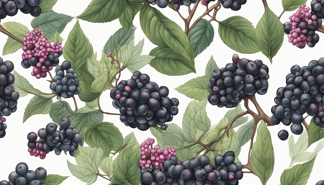 A cluster of pokeweed berries growing on a wild plant, surrounded by other natural ink sources like black walnut and elderberry