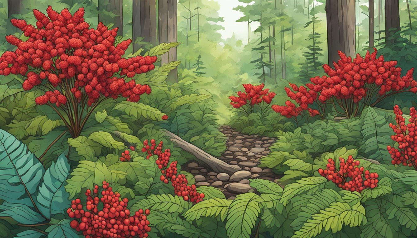 A forest floor with vibrant red sumac berries, surrounded by other wild plants suitable for natural ink