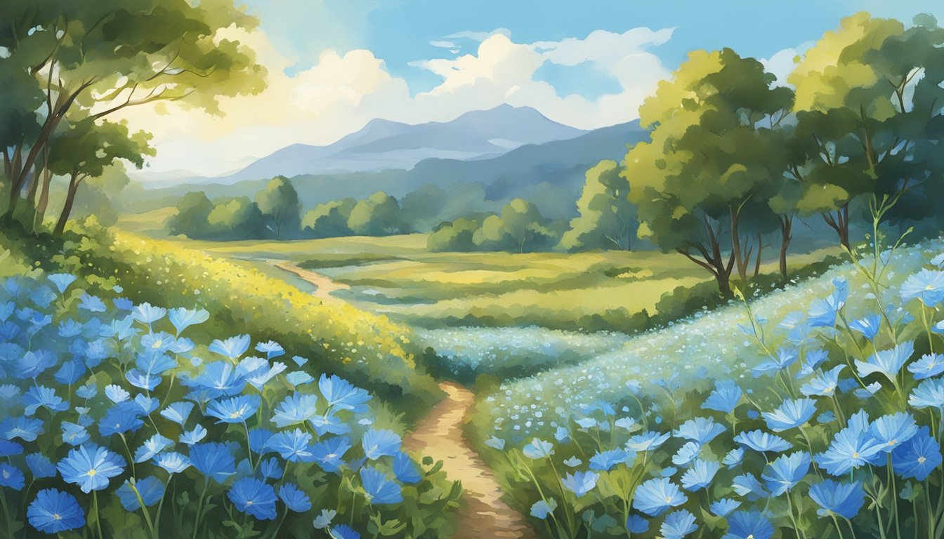 A lush field of chicory plants, their vibrant blue flowers swaying in the breeze. Nearby, a small stream glistens in the sunlight, surrounded by various wild plants suitable for creating natural ink