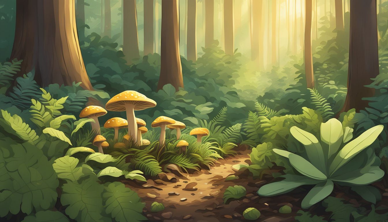 A lush forest floor with 11 maitake mushrooms sprouting among ferns and fallen leaves in the warm summer sunlight