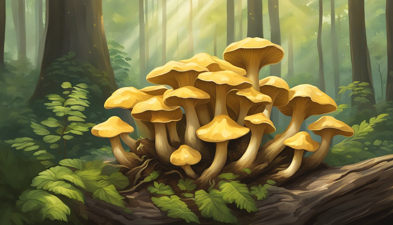 A cluster of golden oyster mushrooms grows on a decaying log in a lush forest, surrounded by dappled sunlight and vibrant green foliage