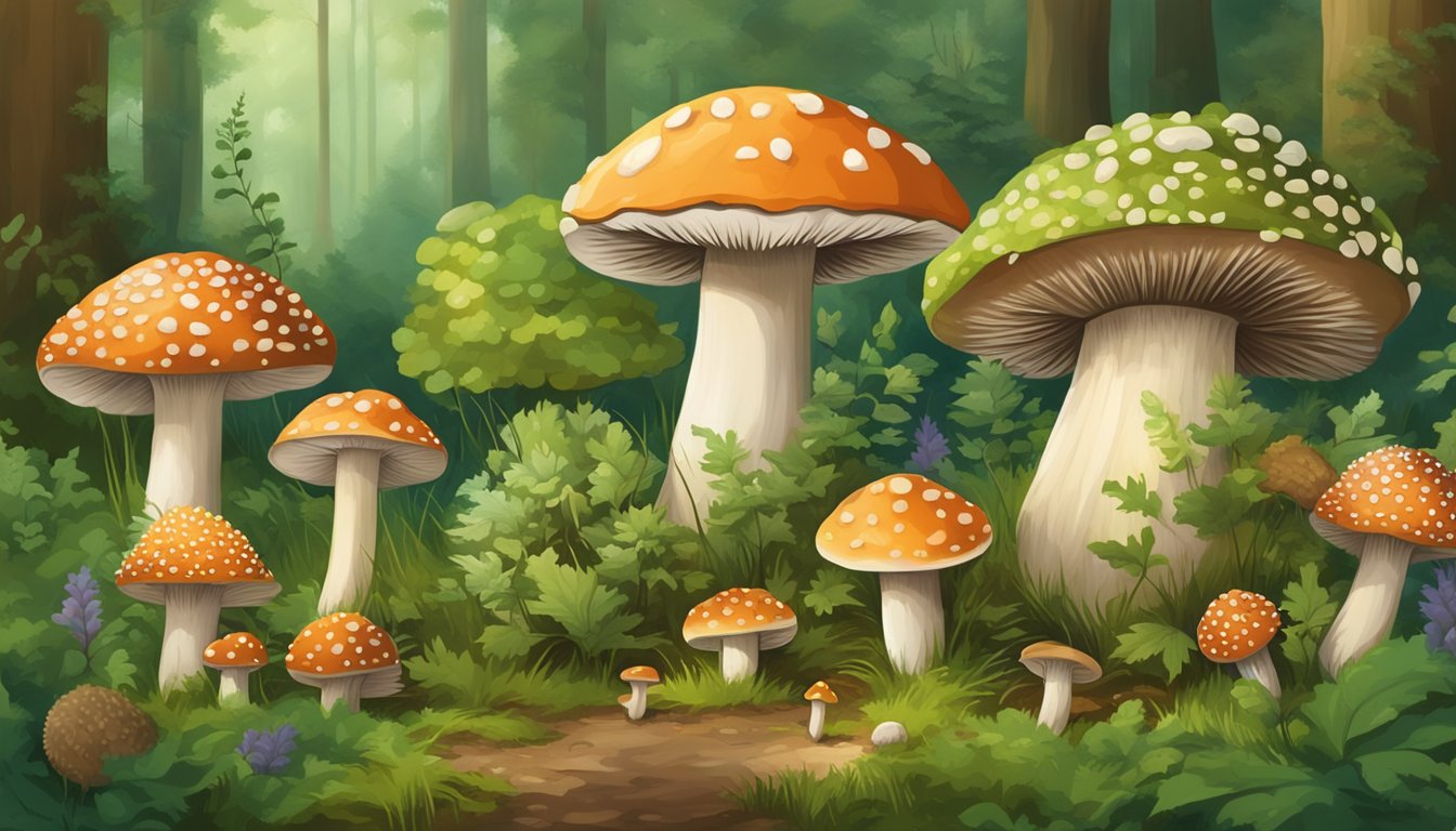 A hedgehog mushroom surrounded by 10 other edible mushrooms, all fruiting in a lush, green summer forest