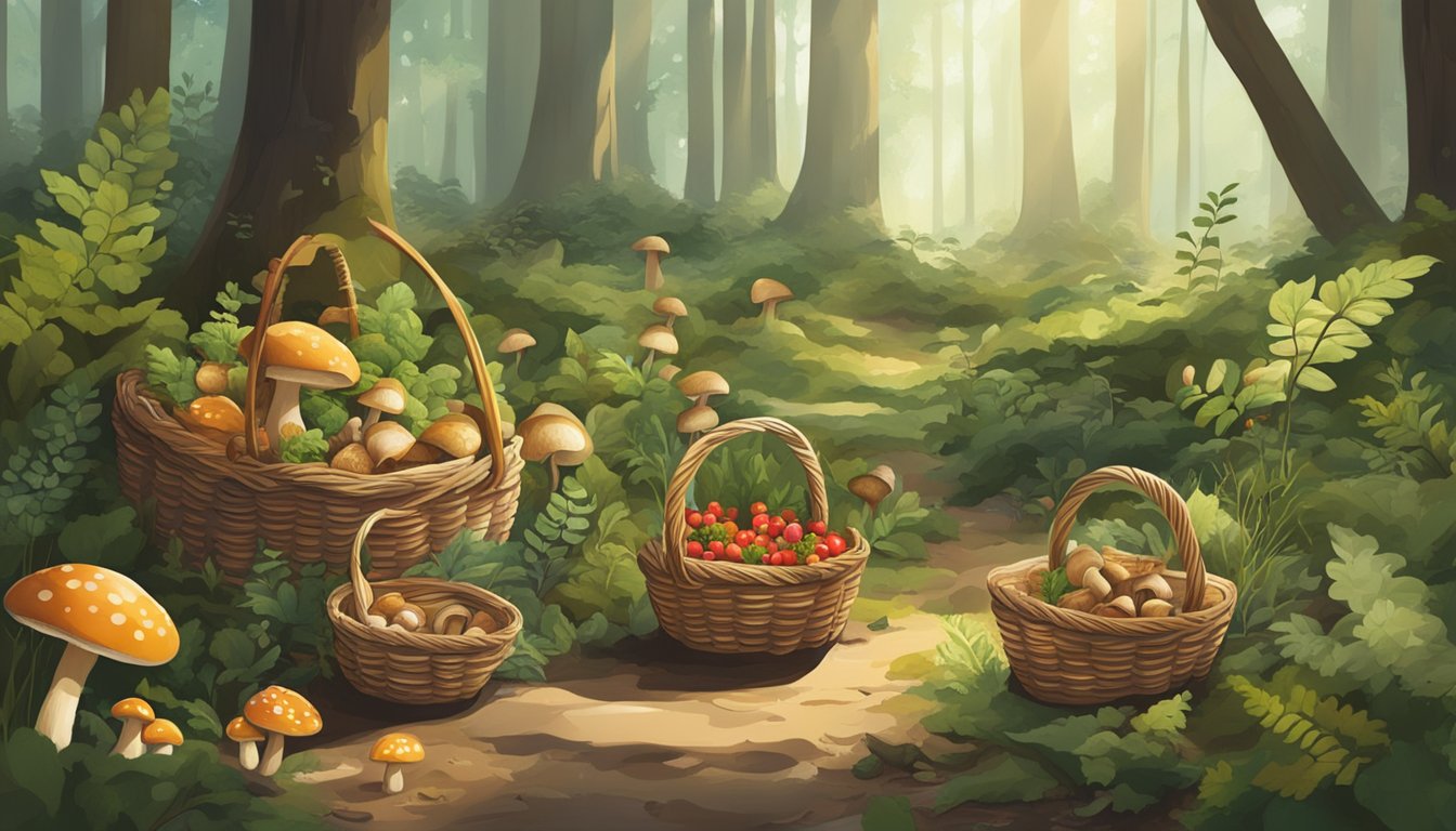 A forest floor scattered with various sizes of baskets filled with foraged items like mushrooms, berries, and herbs, surrounded by trees and dappled sunlight