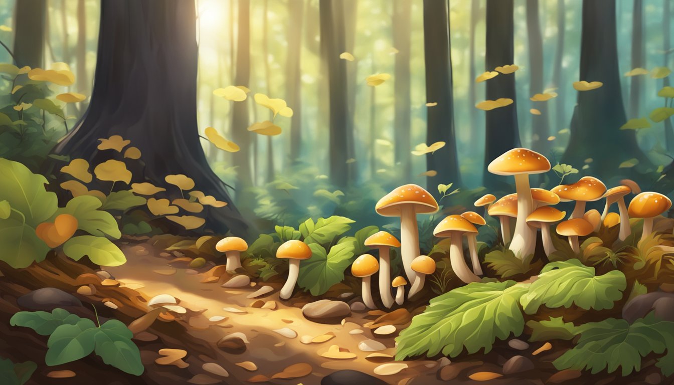 A lush forest floor with various types of edible mushrooms sprouting among the fallen leaves and dappled sunlight filtering through the trees