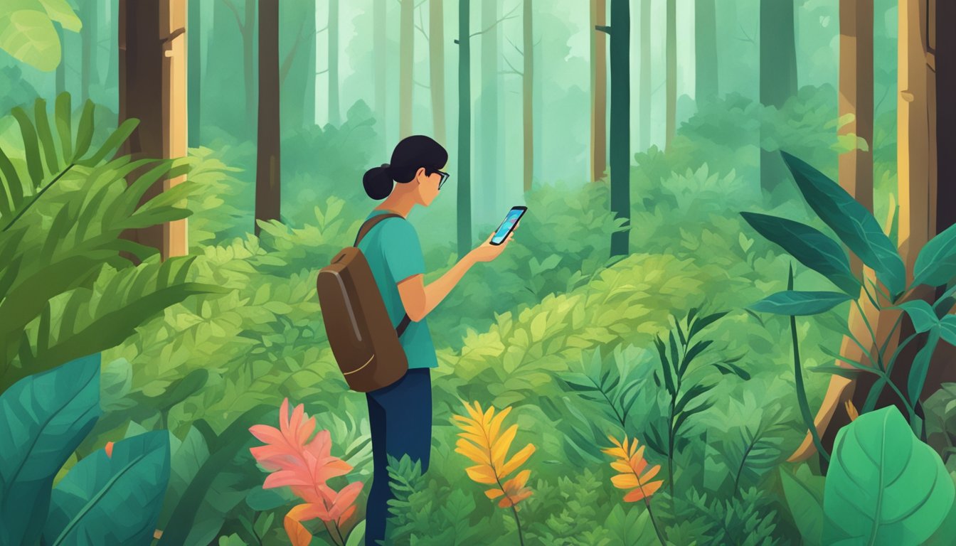 A person using a plant identification app while foraging in a lush forest, surrounded by various plants and trees