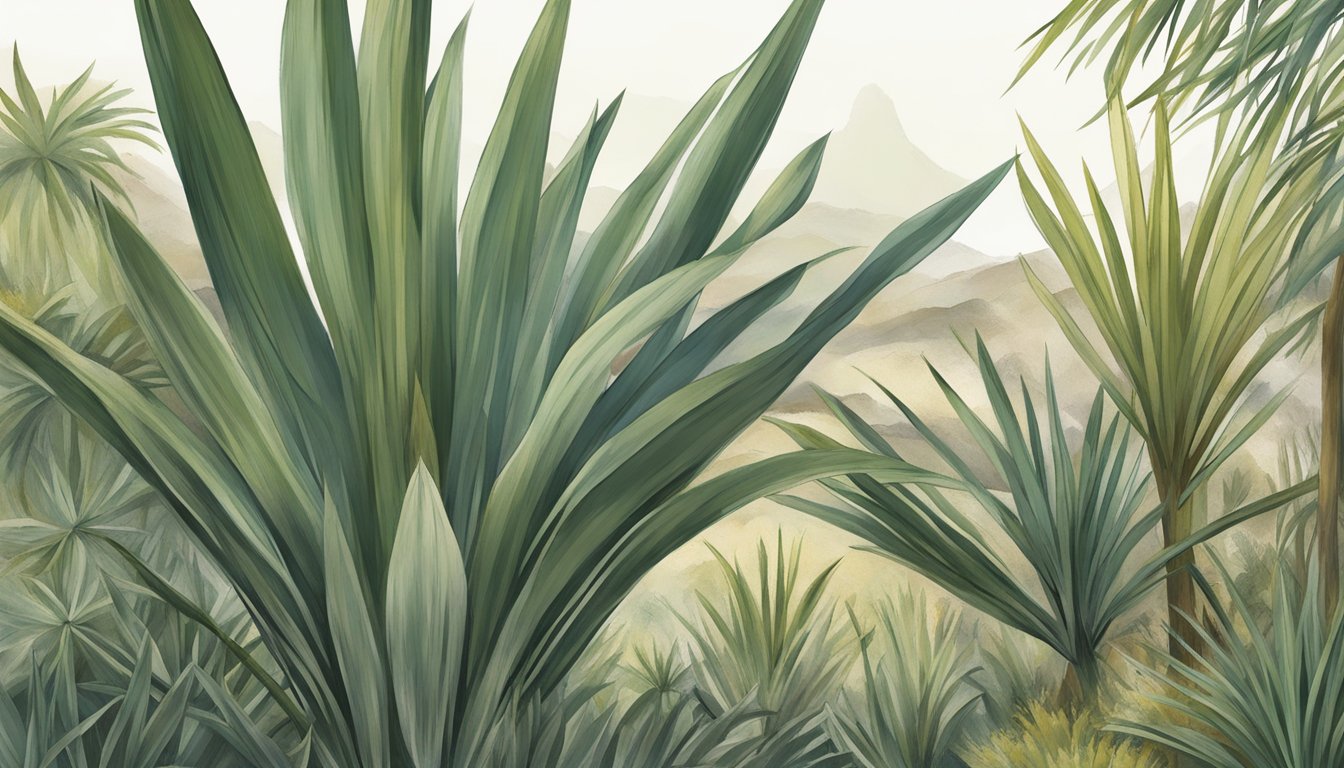 A group of yucca plants with long, slender leaves, surrounded by other wild plants, set against a natural backdrop