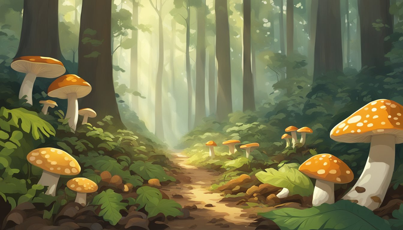 A lush forest floor with dappled sunlight filtering through the trees, featuring various types of mushrooms growing among the leaf litter and fallen branches