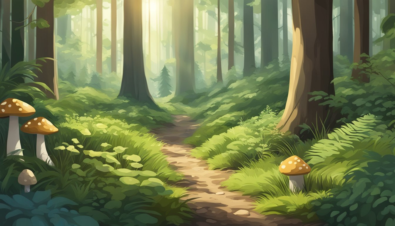 A lush forest floor with scattered wild plants and mushrooms, surrounded by towering trees and dappled sunlight