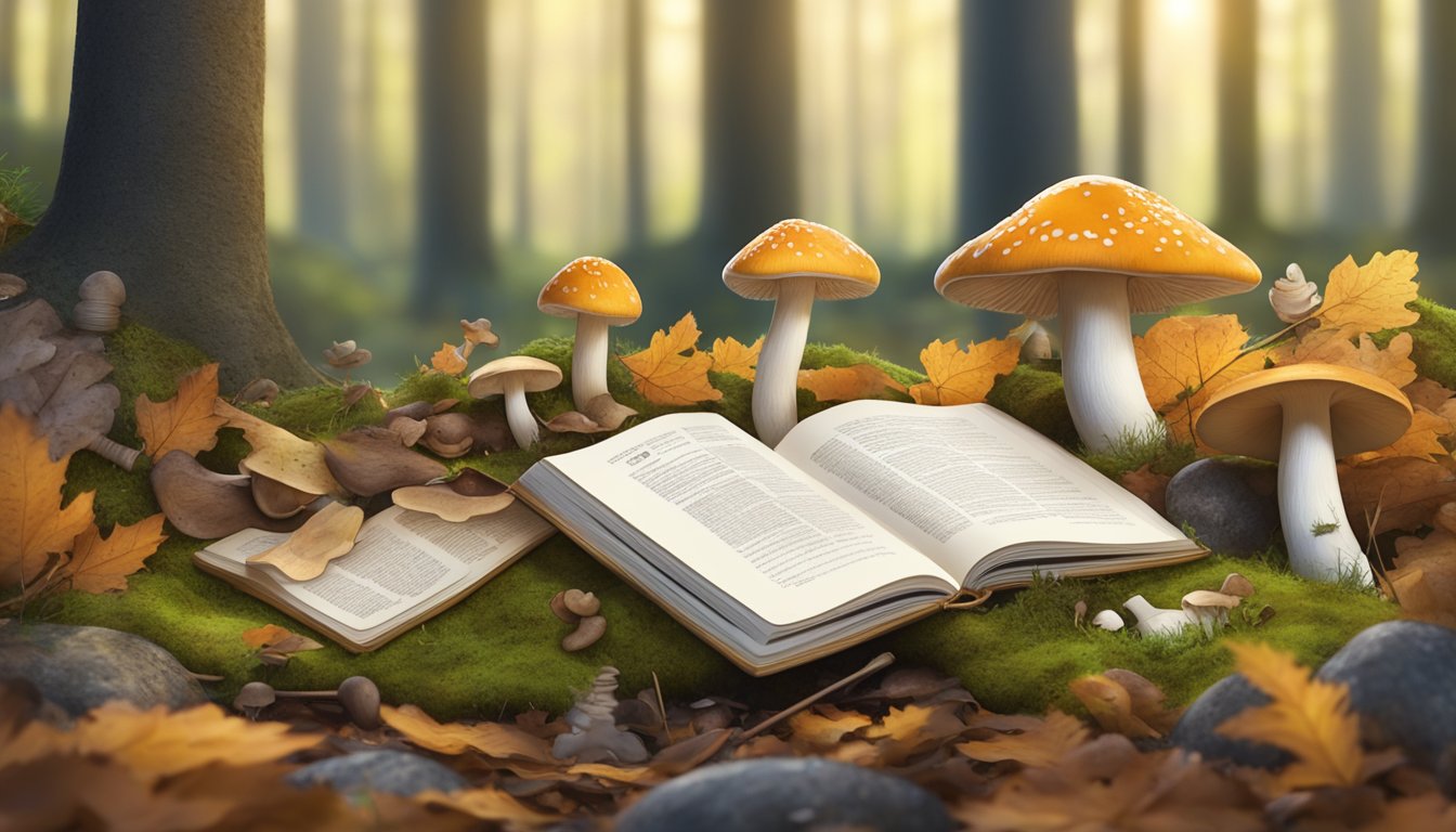 A sunny forest clearing with various edible mushrooms growing among fallen leaves and moss, with a guidebook and foraging tools nearby