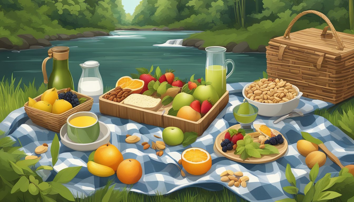 A picnic blanket spread with bamboo cutlery, reusable containers, and foraged fruits and nuts, surrounded by a lush forest and a babbling stream