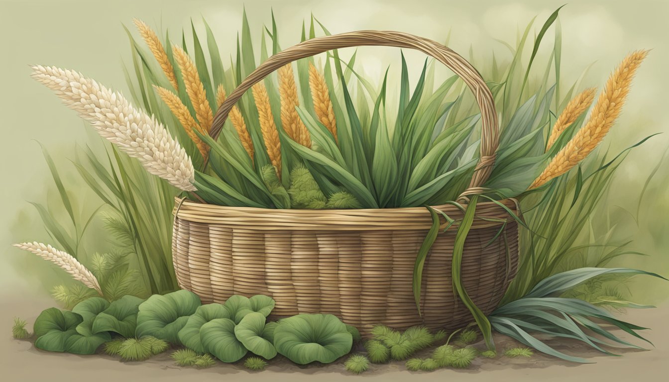 Cattail leaves woven into a sturdy basket, surrounded by other wild plants in a natural setting