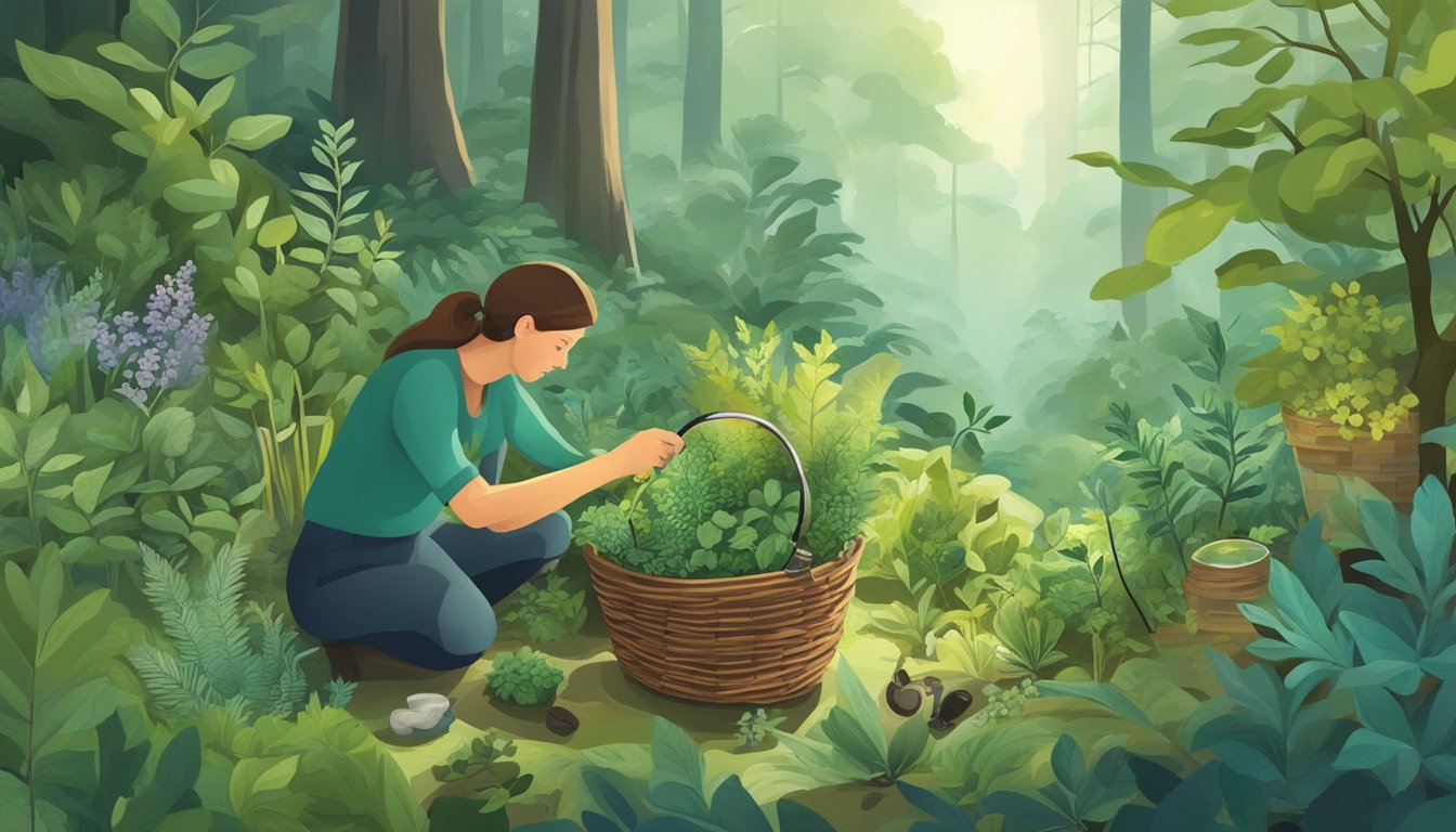 A lush forest with a variety of herbs and plants, a basket filled with foraged treasures, and a person using a magnifying glass to examine the details of the plants