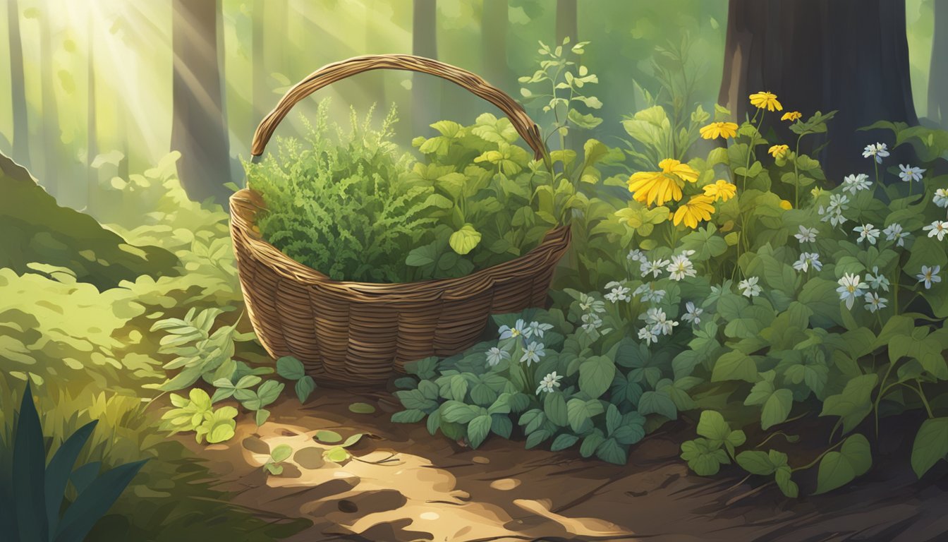 Various wild herbs and plants scattered across a forest floor, with a basket and foraging tools nearby. Sunlight filters through the trees, creating dappled shadows