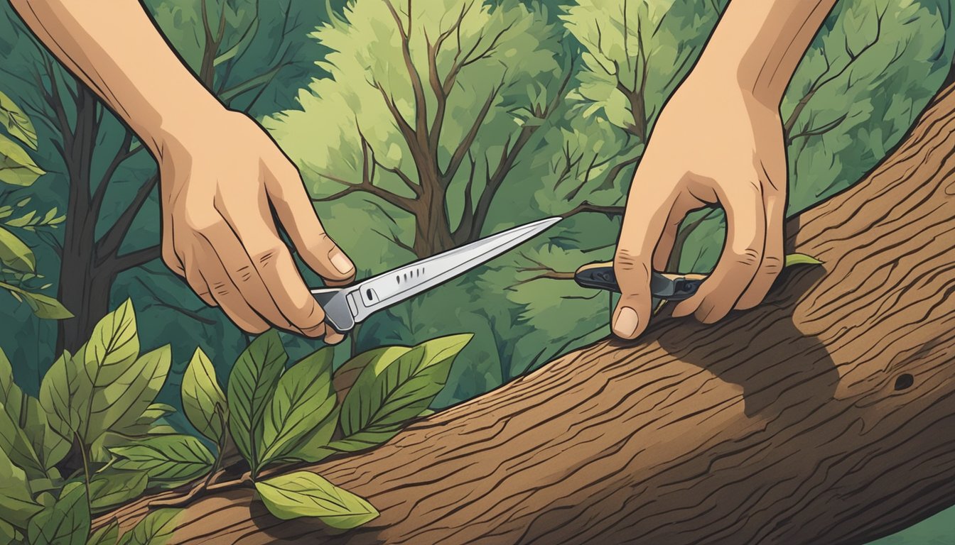 A person using a small knife to carefully peel bark from a tree, with other trees and vegetation in the background