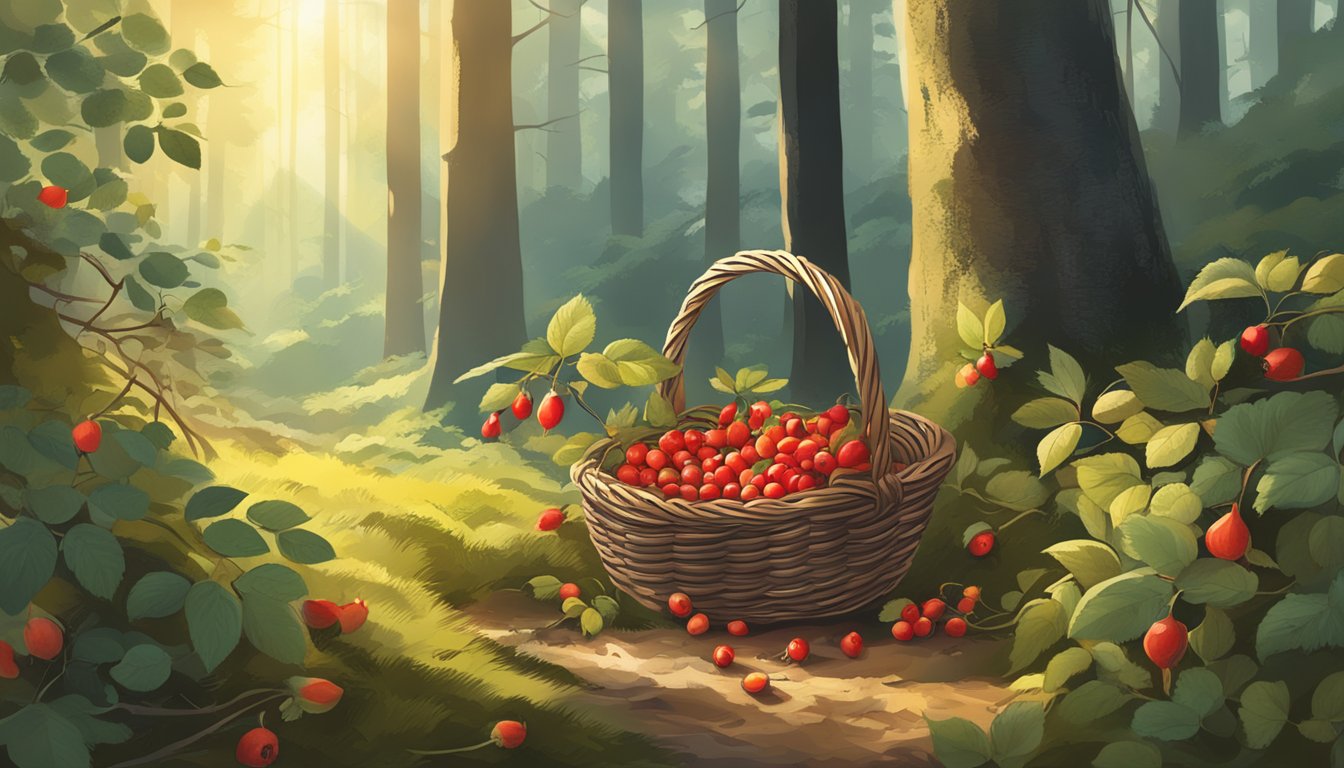 A forest floor with scattered rosehip bushes and a foraging basket filled with gathered rosehips. Sunlight filters through the trees