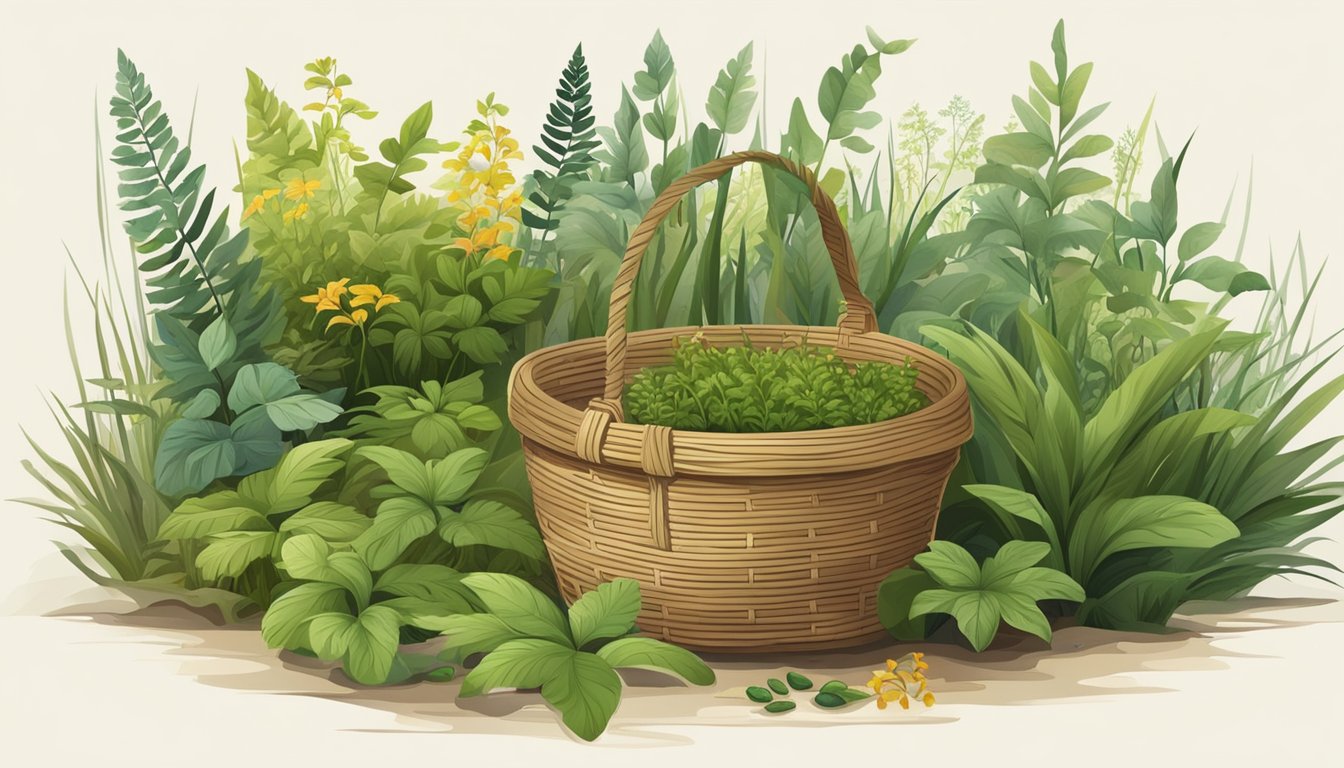 A lush forest clearing with various wild plants like jute, reeds, and grasses growing. A woven natural basket lies on the ground surrounded by the plants