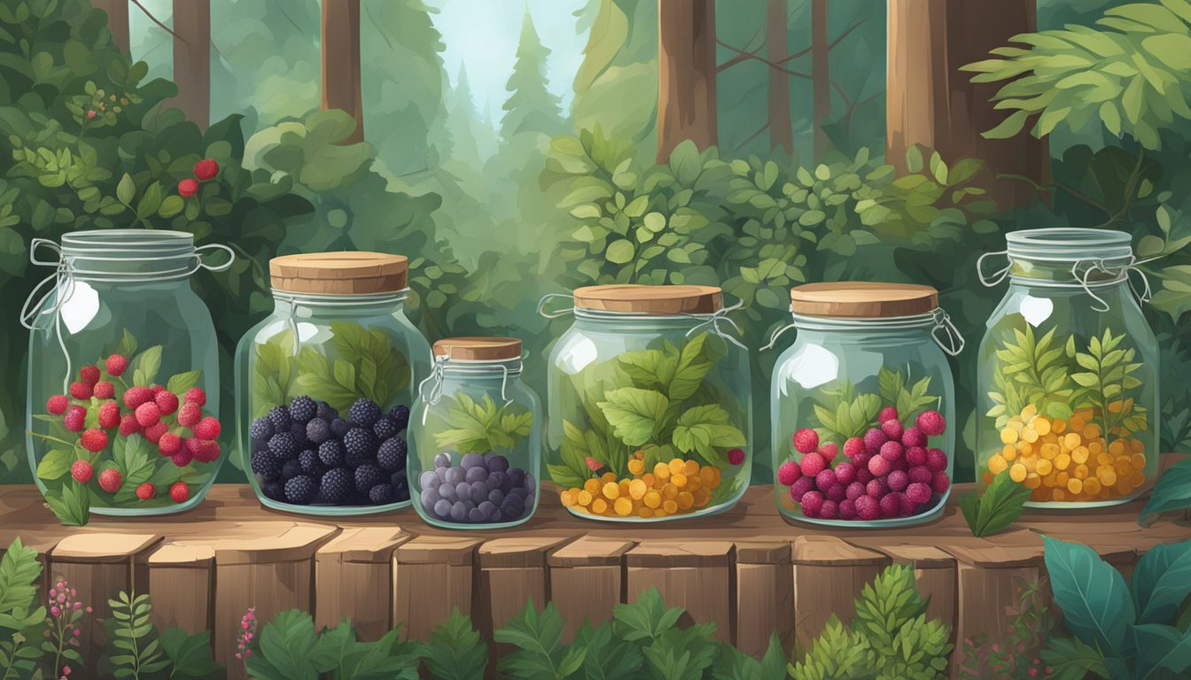 A forest clearing with wild plants like berries, flowers, and herbs. Some are in glass jars and others are fermenting in wooden barrels