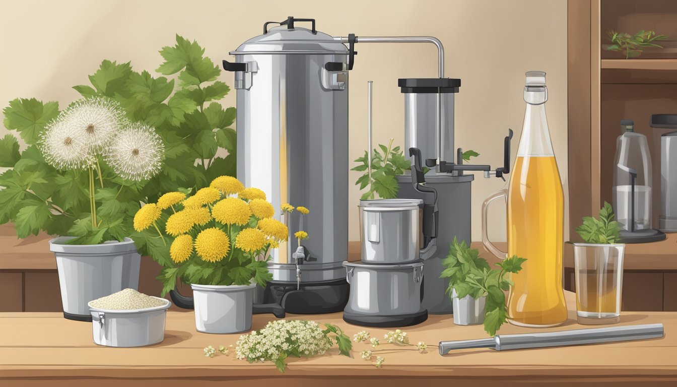 A home brewing setup with various plants, including dandelion, elderflower, and hawthorn, arranged on a table with safety equipment nearby