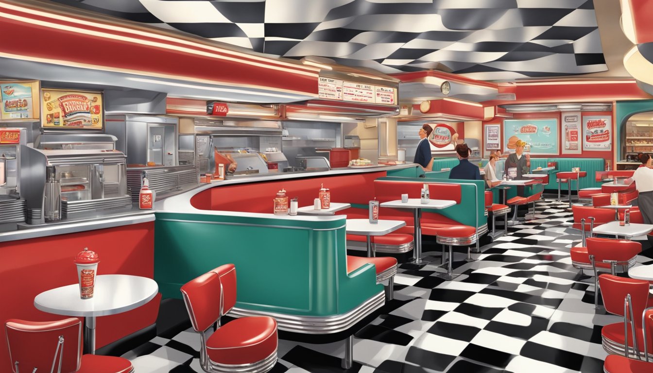 A bustling 1950s-style diner with red and white checkered floors, a jukebox, and retro signage for Wendy's and Steak 'n Shake