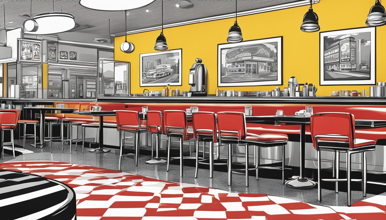 A bustling fast-food restaurant with iconic red and yellow branding next to a classic diner with a retro black and white color scheme