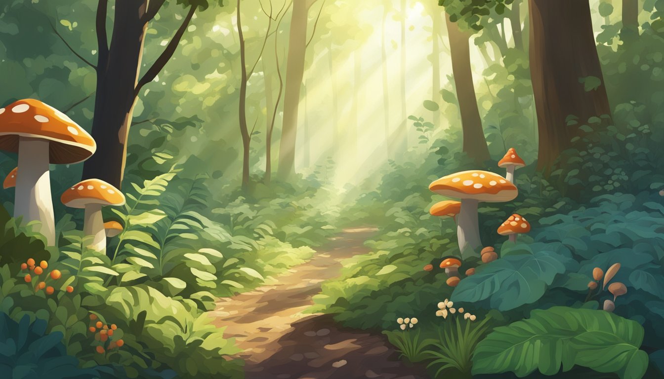 A lush forest floor with various plants, mushrooms, and berries scattered among the foliage. Sunlight filters through the canopy, casting dappled shadows on the ground