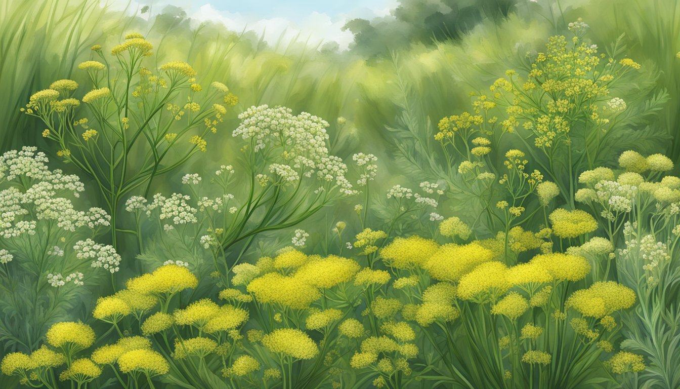 A lush field of wild fennel with delicate, feathery green leaves and clusters of small yellow flowers, surrounded by other edible wild plants