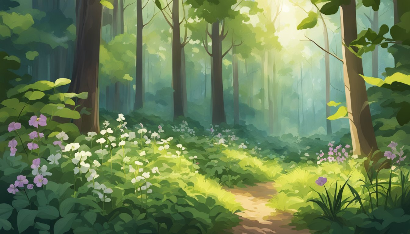 A lush forest clearing with various wild edible plants, including mallow, scattered across the ground. Sunlight filters through the trees, casting dappled shadows