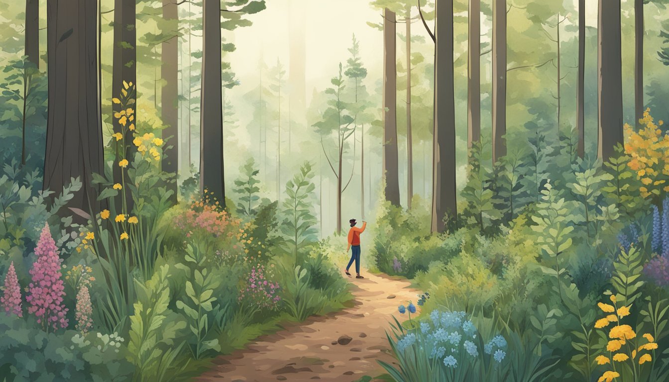 A person identifying various plants in a forest, surrounded by trees, bushes, and wildflowers