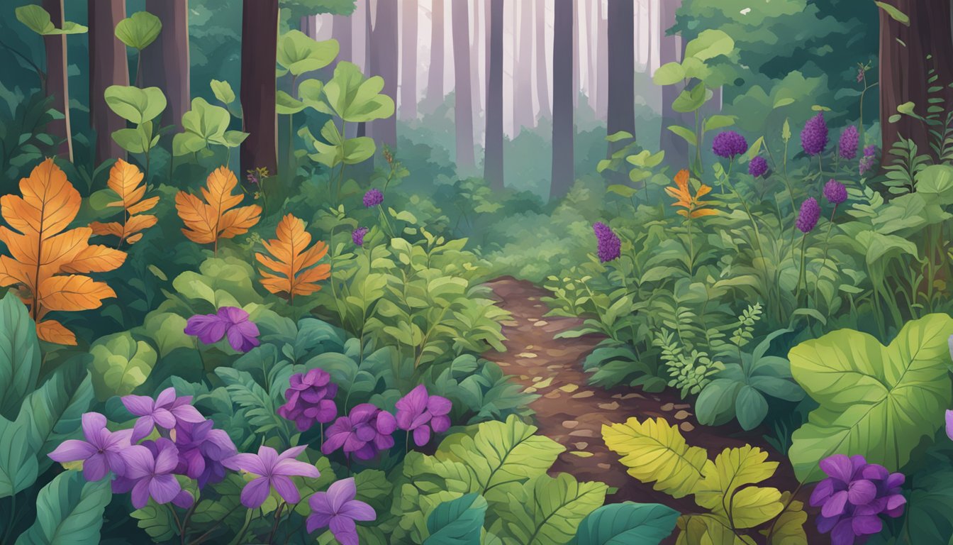 A lush forest floor with 22 different types of wild edibles, including violet leaves, scattered among the foliage