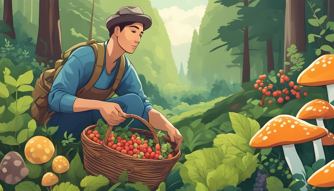 A person gathering wild berries, mushrooms, and herbs in a lush forest, with a basket full of foraged food and a vibrant landscape in the background