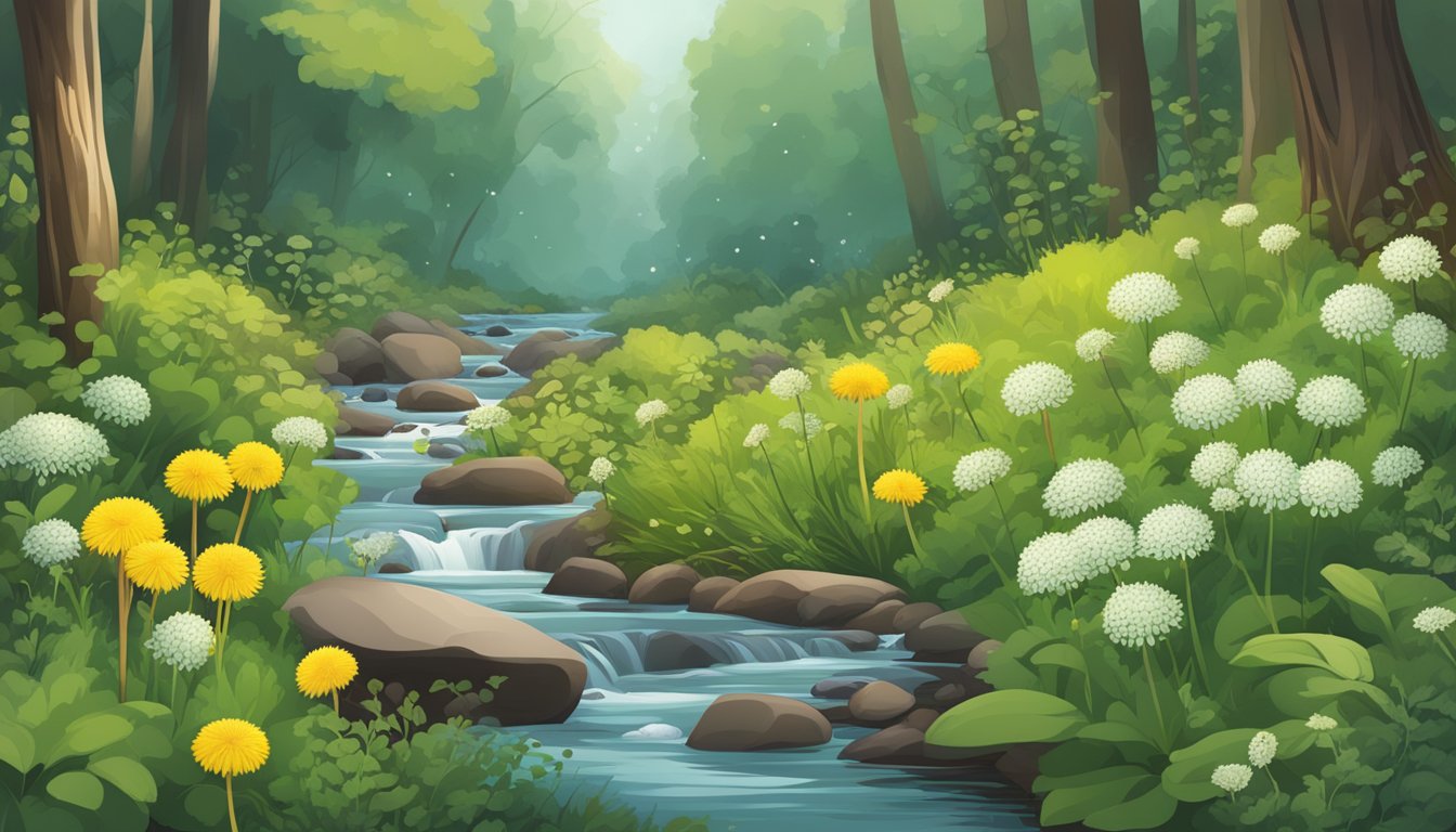 A lush forest floor with a variety of wild edible plants such as dandelions, clover, and berries scattered throughout. A small stream runs through the background