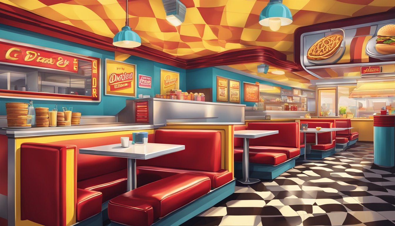 A busy fast food restaurant with a red and yellow color scheme, featuring a drive-thru and outdoor seating. A bustling diner with a retro vibe, complete with a neon sign and checkered floor