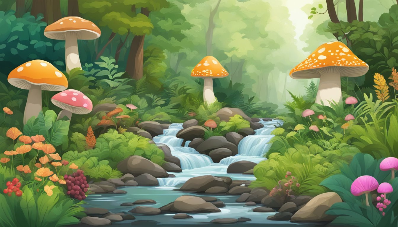 A lush forest with diverse plant life, mushrooms, and berries. A stream flows through the landscape, providing fresh water