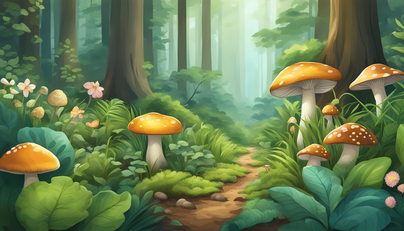 A lush forest floor with diverse plant life, mushrooms, and small animals, surrounded by a healthy and thriving ecosystem